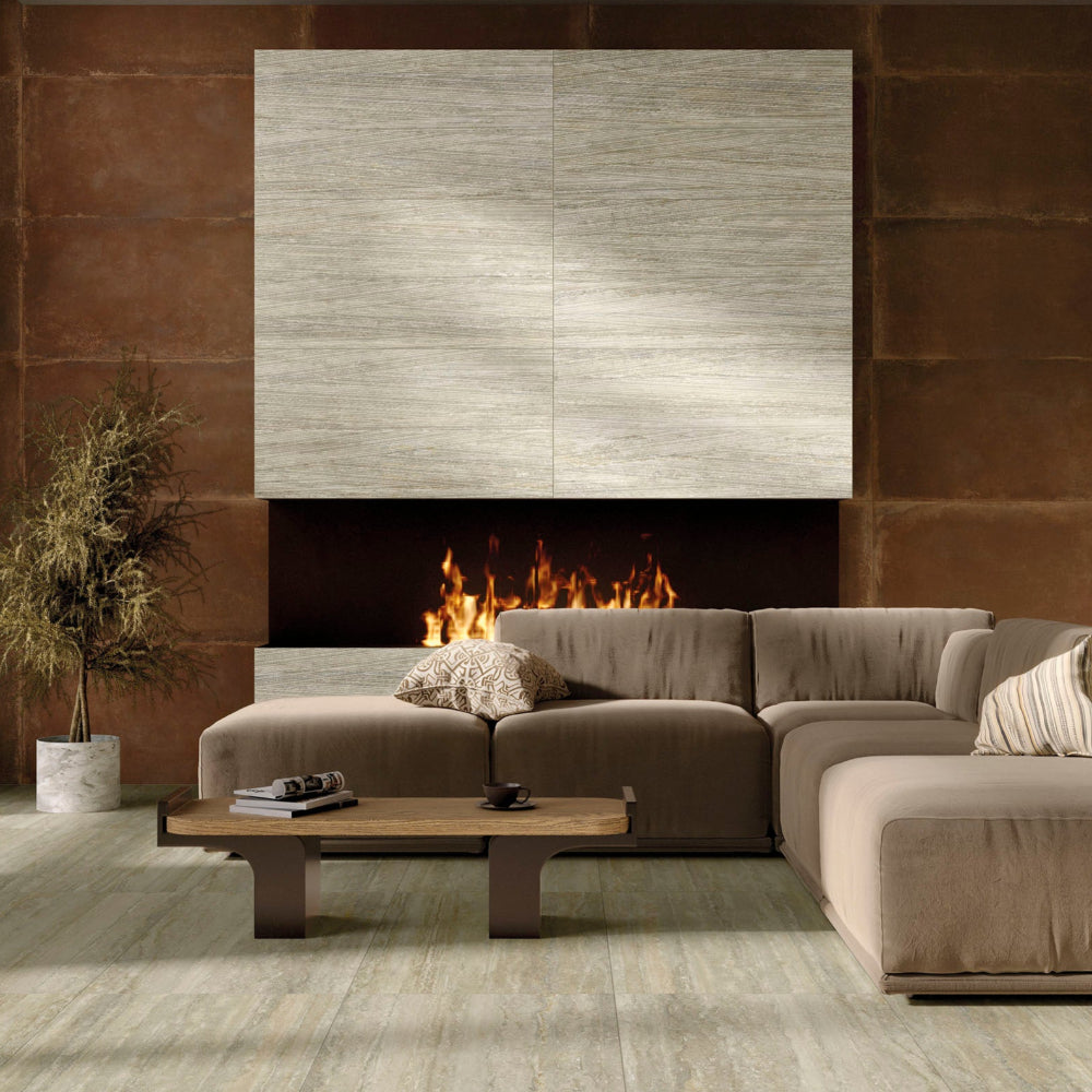 Modern living room with MGM Ceramiche travertino Avorio wall feature