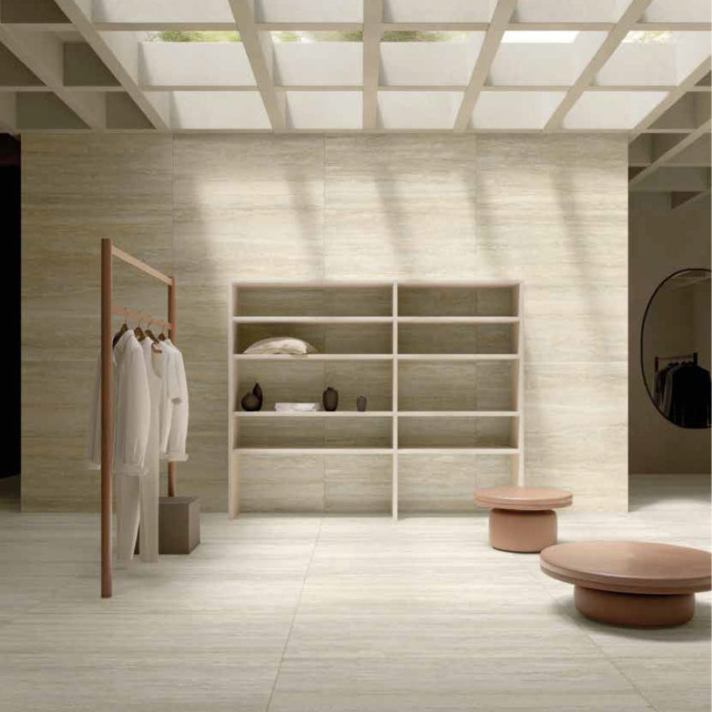 Modern interior with a coat rack, shelves, and a feature MGM ceramiche nocciola wall tile
