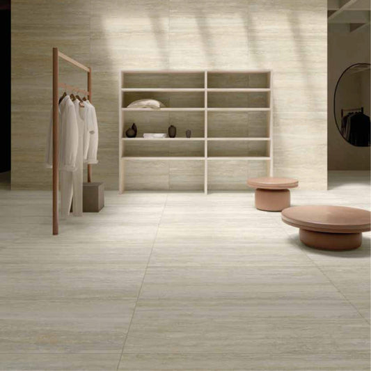 Modern interior with a coat rack, shelves, and MGM Ceramiche travertino bianco flooring.