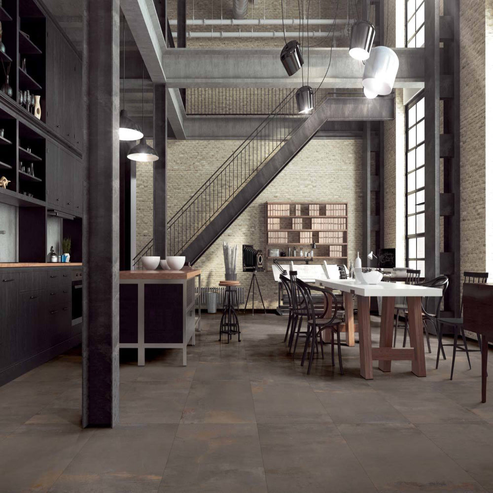Modern industrial interior with high ceilings, exposed beams, and large windows.