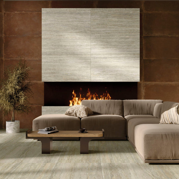 Modern living room with MGM Ceramiche travertino Avorio wall feature 