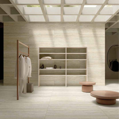 Modern interior with a coat rack, shelves, and a feature MGM ceramiche nocciola wall tile 