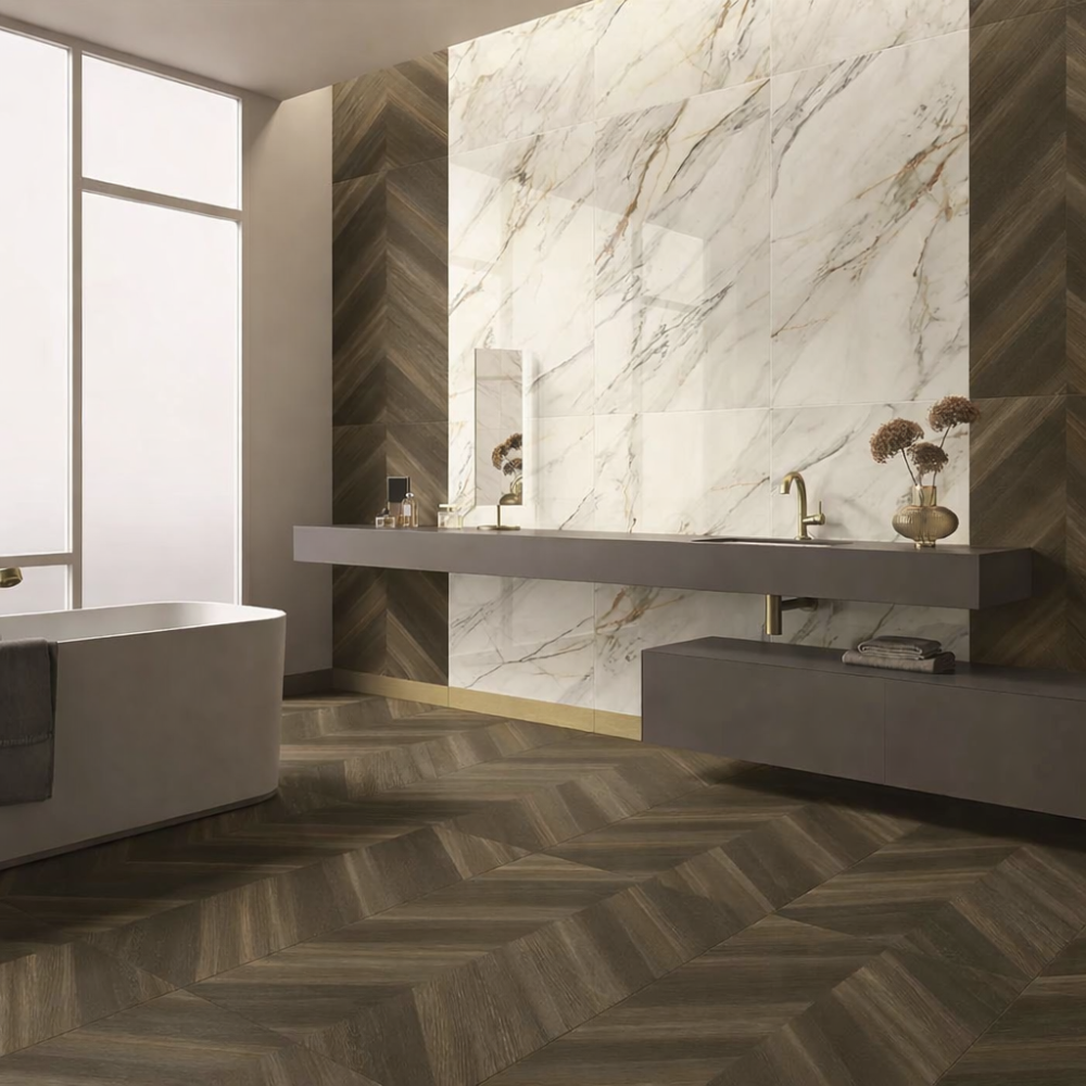 Villeroy and Boch Artic Gold 60x120 cm marble look, white tile with grey and gold veining