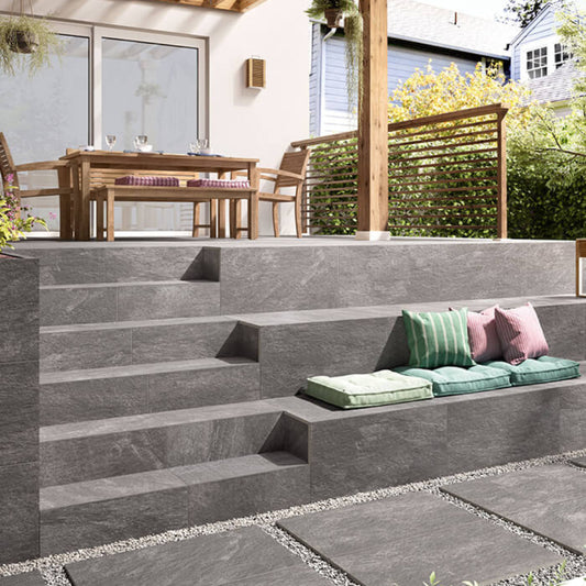 villeroy and boch anthracite multicolour porcelain outdoor tile  in 60cmx60cm from my earth collection 